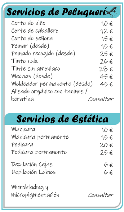 lista precios peluqueria angela